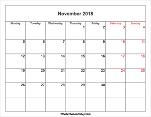 november 2018 calendar with weekend highlight