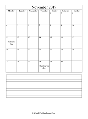 november 2019 calendar editable with notes (vertical)