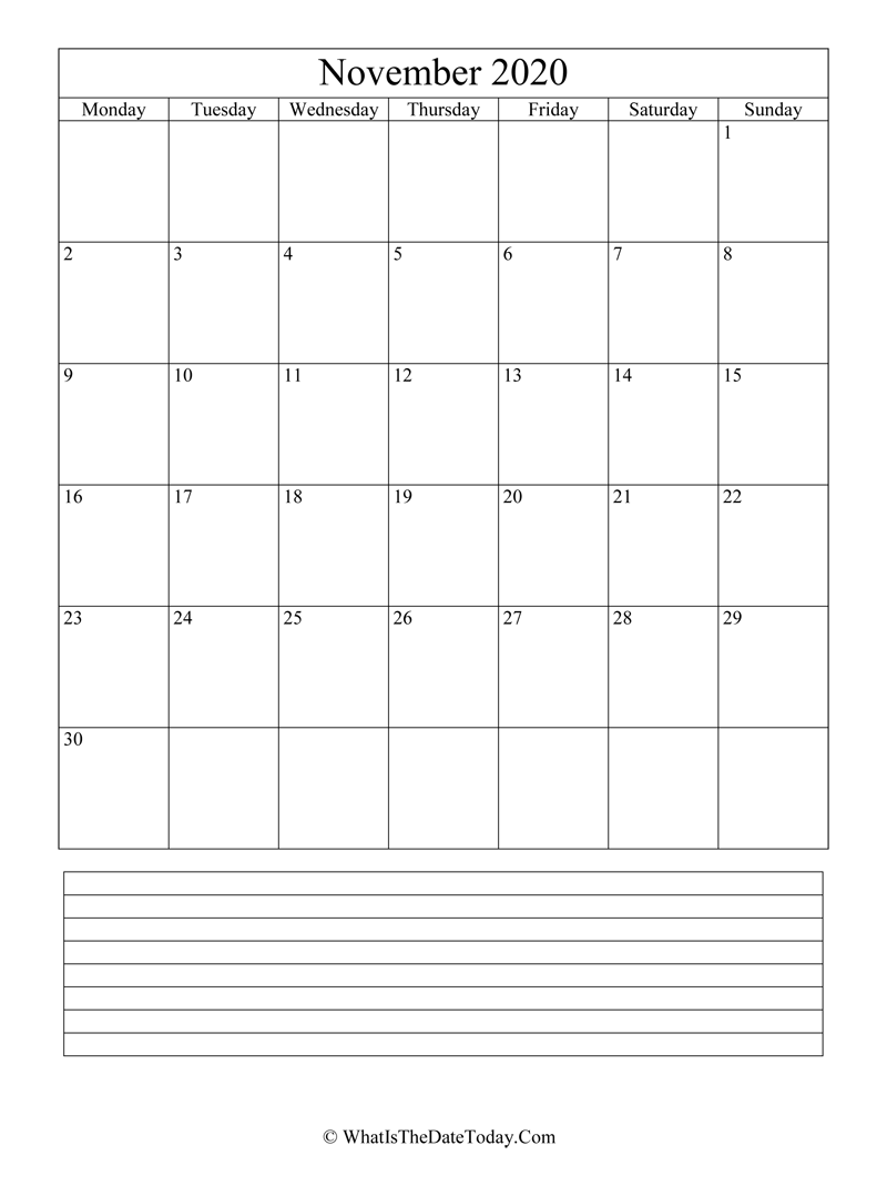 november 2020 calendar editable with notes in vertical layout