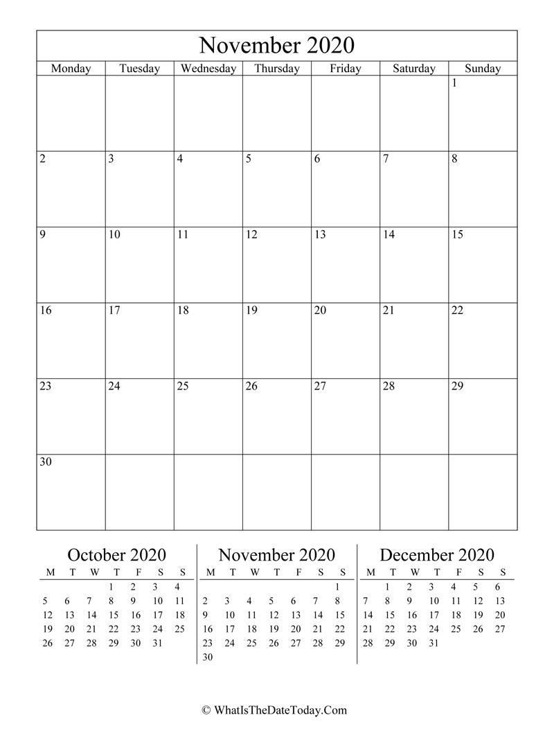 november 2020 editable calendar with three mini calendars in vertical layout