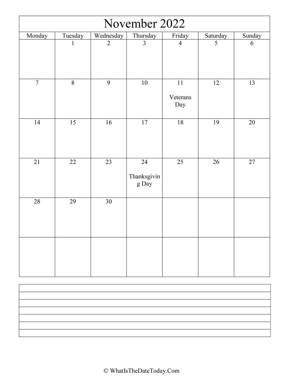 november 2022 calendar editable with notes in vertical layout