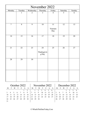 november 2022 editable calendar (vertical) with three mini months
