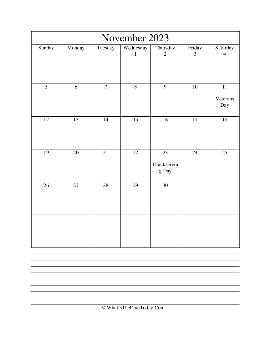 november 2023 calendar editable with notes in vertical layout