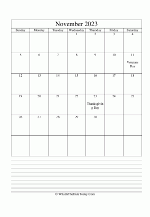 november 2023 calendar editable with notes (vertical)