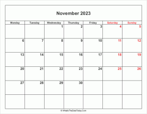 november 2023 calendar with weekend highlight