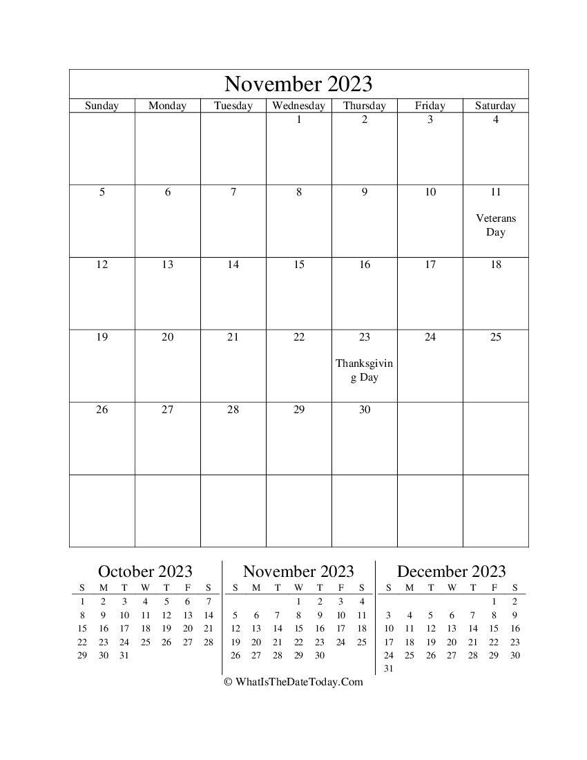 november 2023 editable calendar with three mini calendars in vertical layout