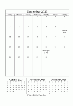 november 2023 editable calendar (vertical) with three mini months