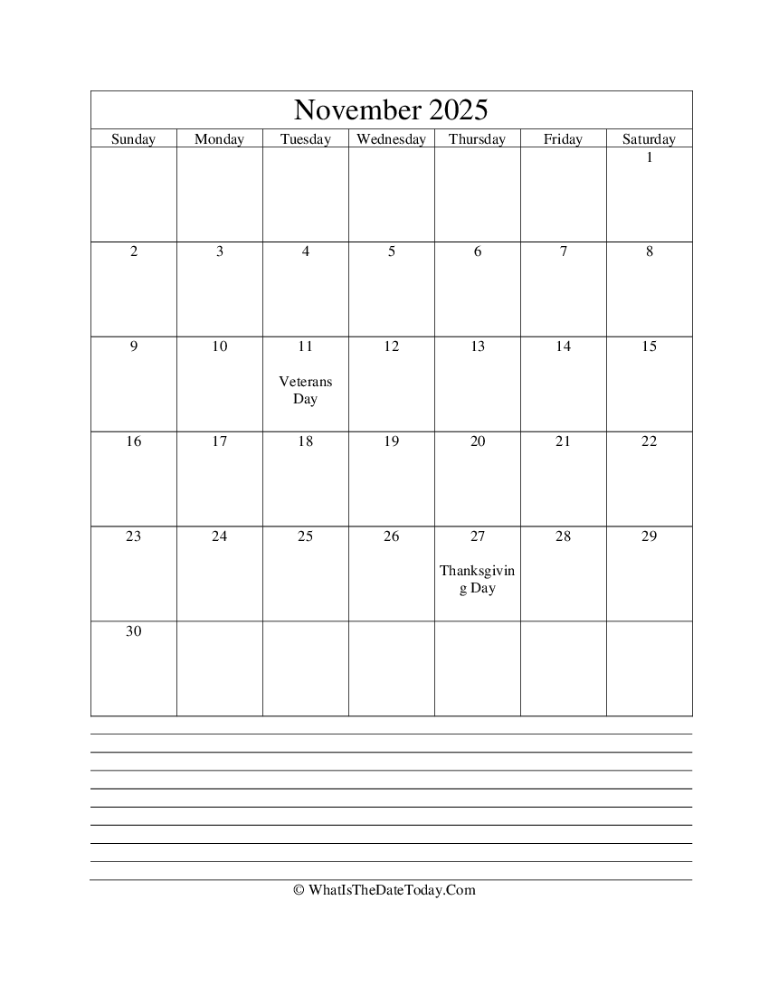 november 2025 calendar editable with notes in vertical layout