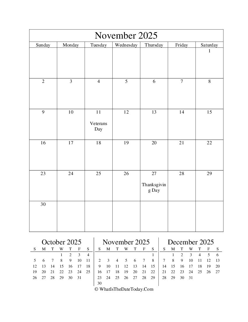 november 2025 editable calendar with three mini calendars in vertical layout
