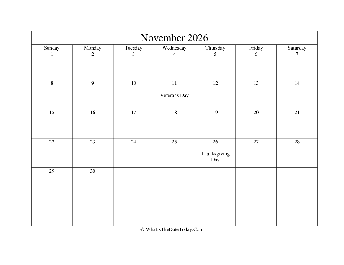 november 2026 Editable Calendar