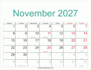 november 2027 calendar printable with holidays