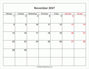 november 2027 calendar with weekend highlight