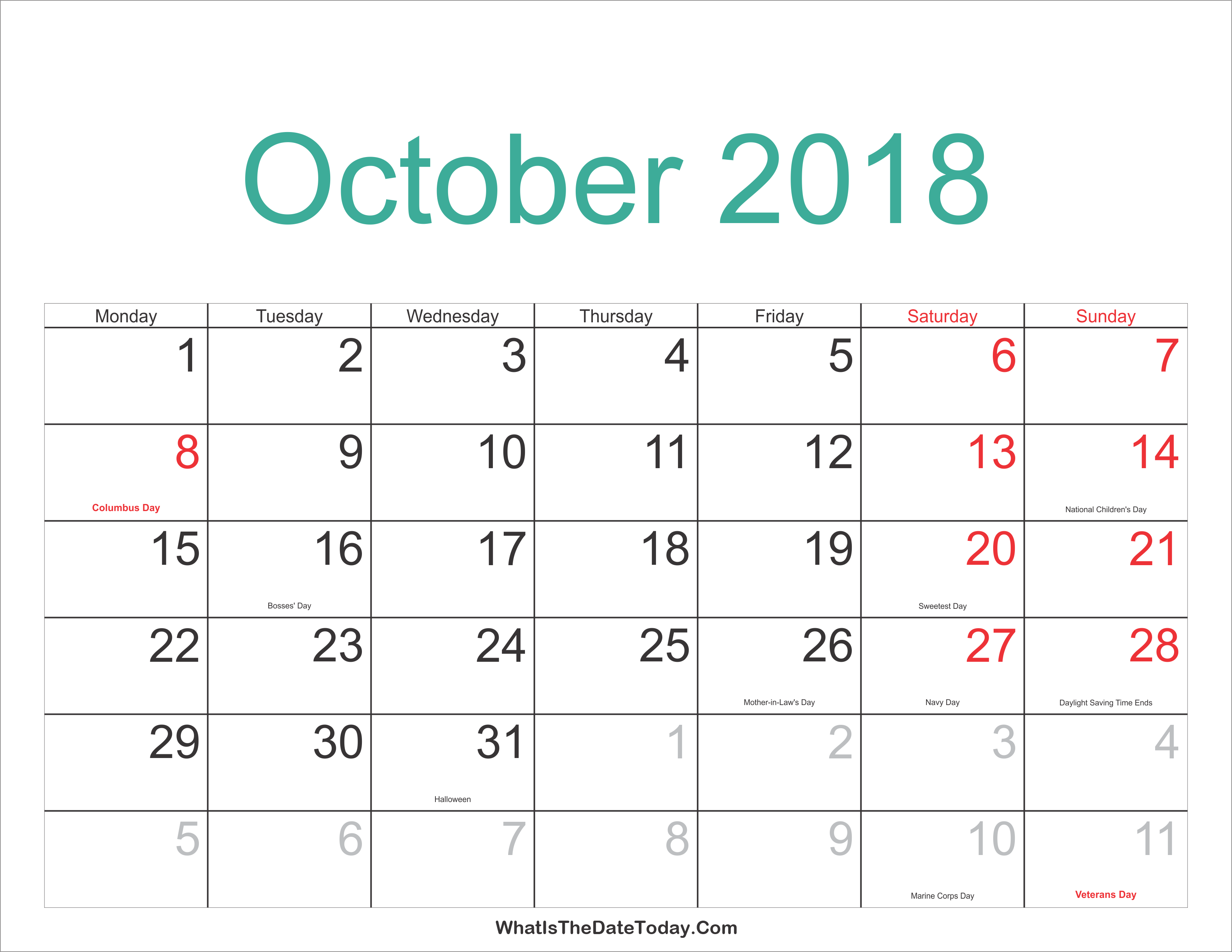 calendar template october 2018