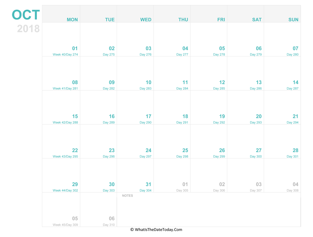 october 2018 Editable Calendar