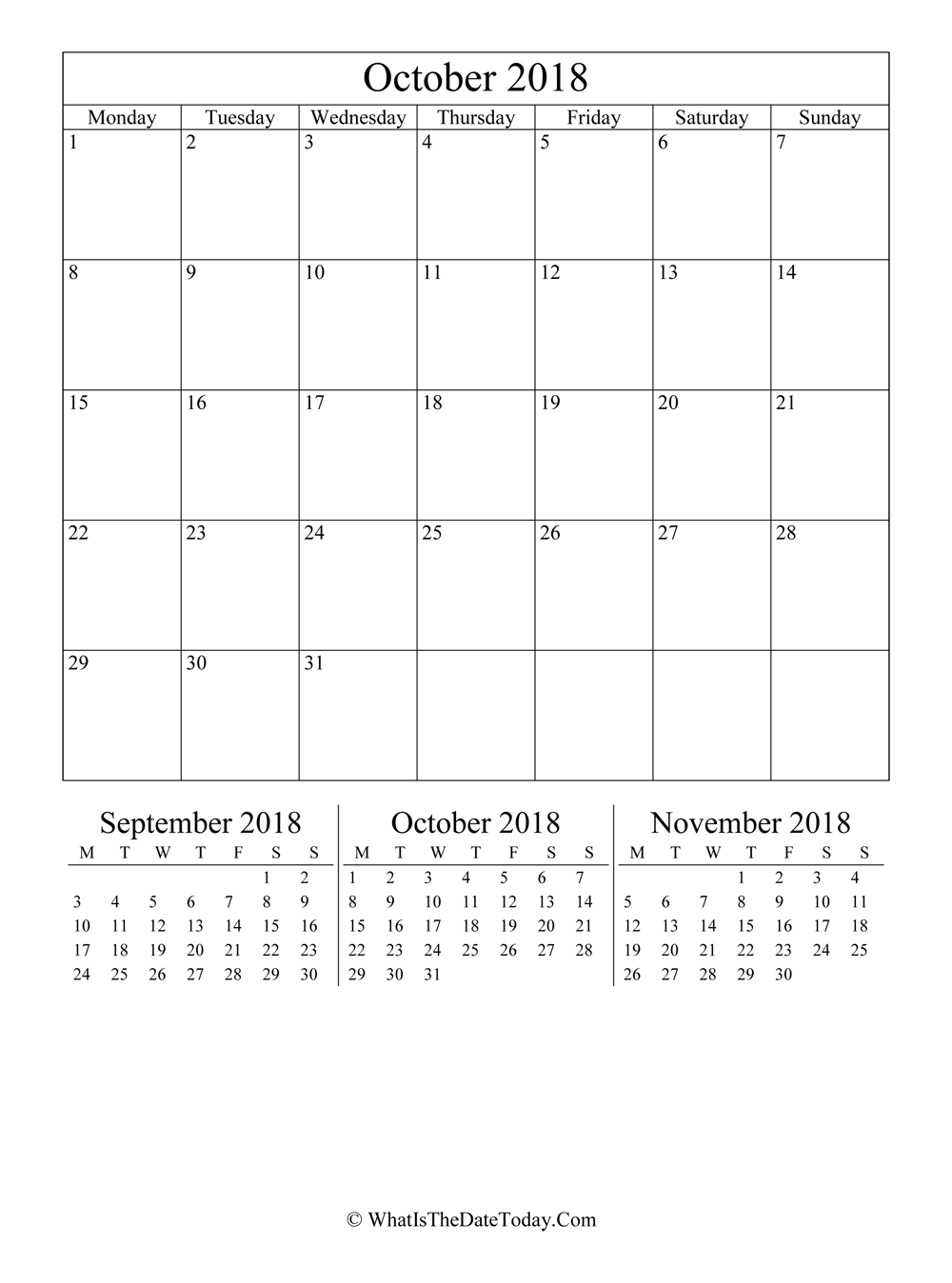 october 2018 editable calendar with three mini calendars in vertical layout