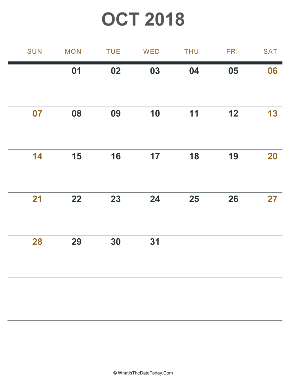 october 2018 printable calendar (portrait layout)