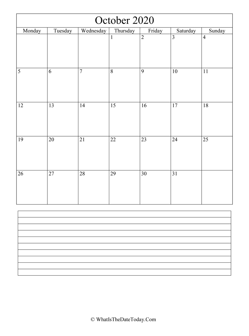 october 2020 calendar editable with notes in vertical layout