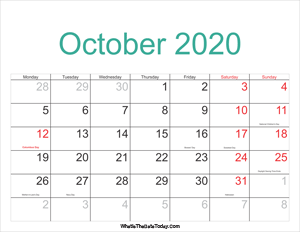 october 2020 calendar printable with holidays