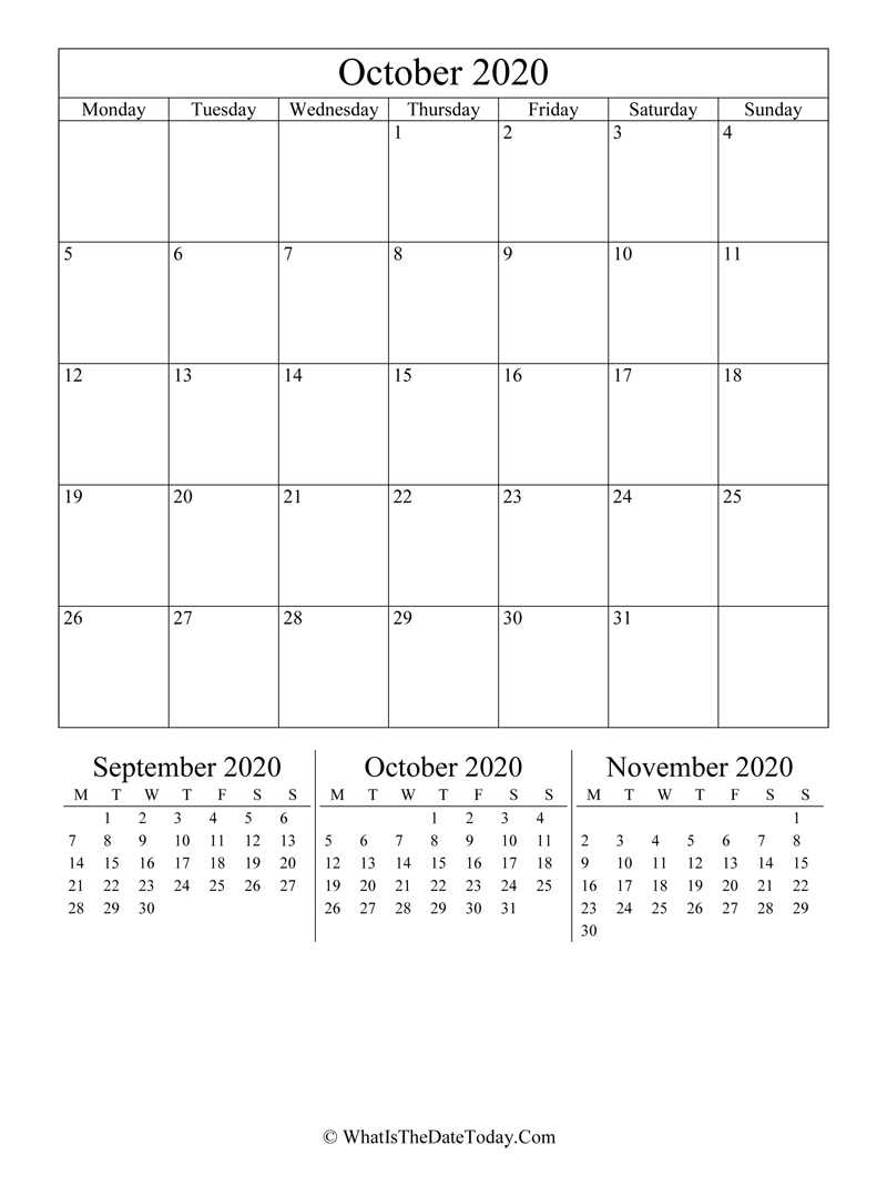 october 2020 editable calendar with three mini calendars in vertical layout