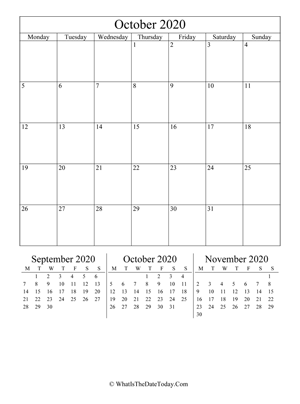 october 2020 editable calendar (vertical) with three mini months