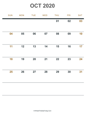 october 2020 printable calendar