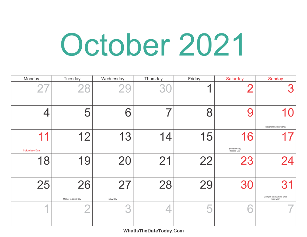 October 2021 Calendar Printable with Holidays