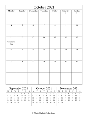 october 2021 editable calendar (vertical) with three mini months