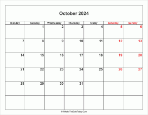 october 2024 calendar with weekend highlight