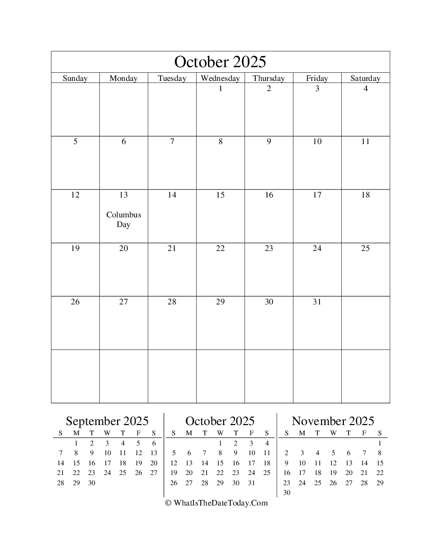 october 2025 editable calendar with three mini calendars in vertical layout
