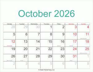october 2026 calendar printable with holidays