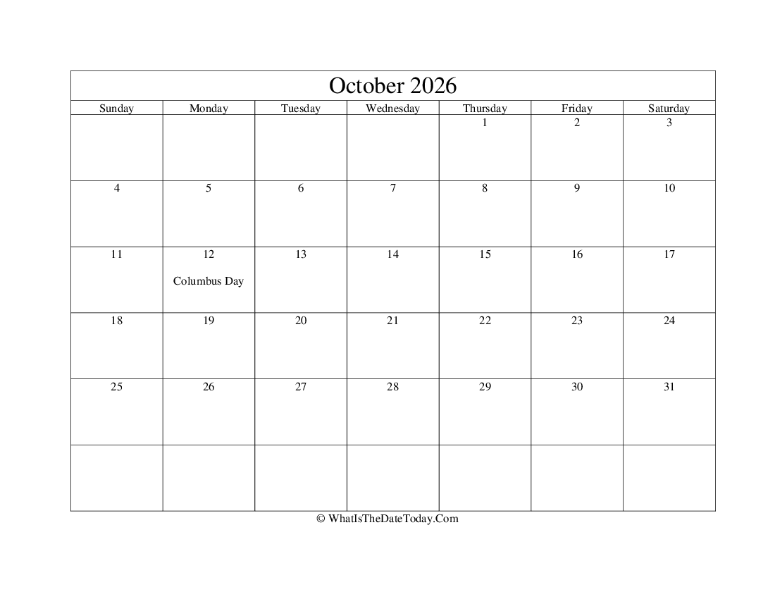 october 2026 Editable Calendar
