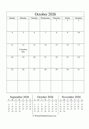 october 2026 editable calendar (vertical) with three mini months