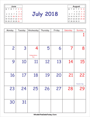 printable 2018 calendar july