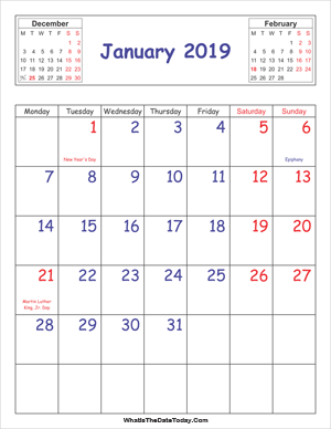 printable 2019 calendar january