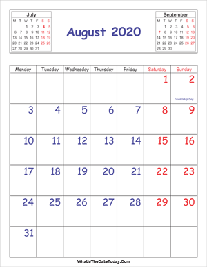 printable 2020 calendar august (vertical)