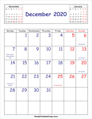 printable 2020 calendar december