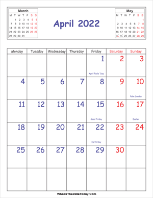 printable 2022 calendar april (vertical)