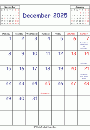 printable 2025 calendar december