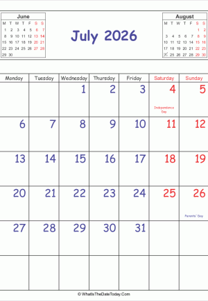 printable 2026 calendar july