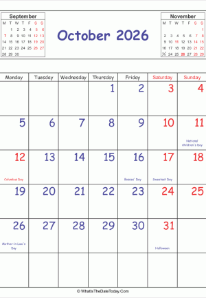 printable 2026 calendar october