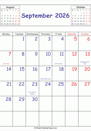 printable 2026 calendar september