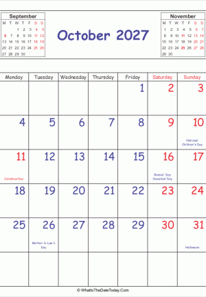 printable 2027 calendar october