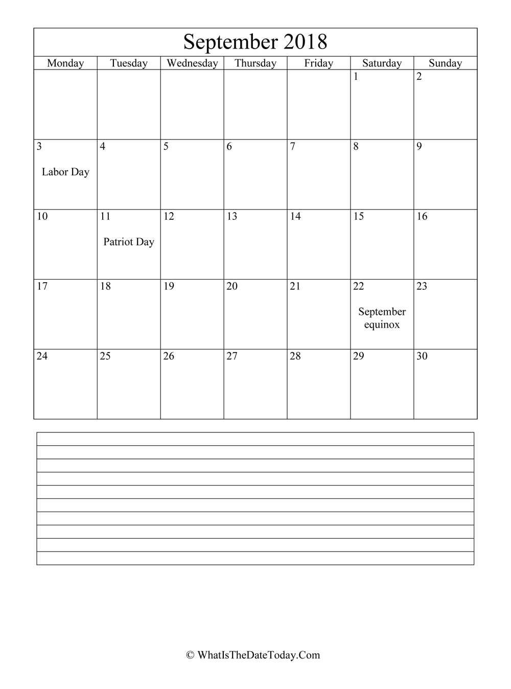 september 2018 calendar editable with notes in vertical layout