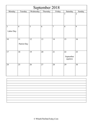 september 2018 calendar editable with notes
