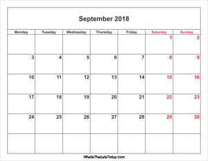 september 2018 calendar with weekend highlight
