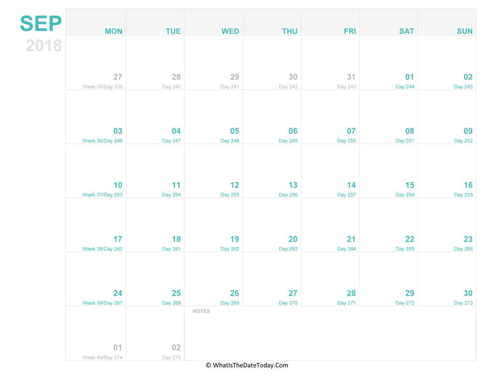 september 2018 Editable Calendar
