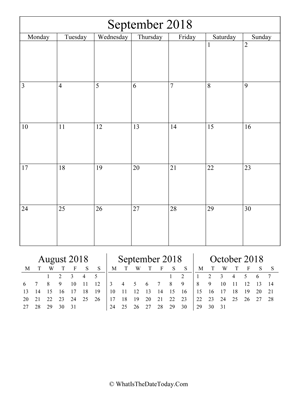 september 2018 editable calendar (vertical) with three mini months