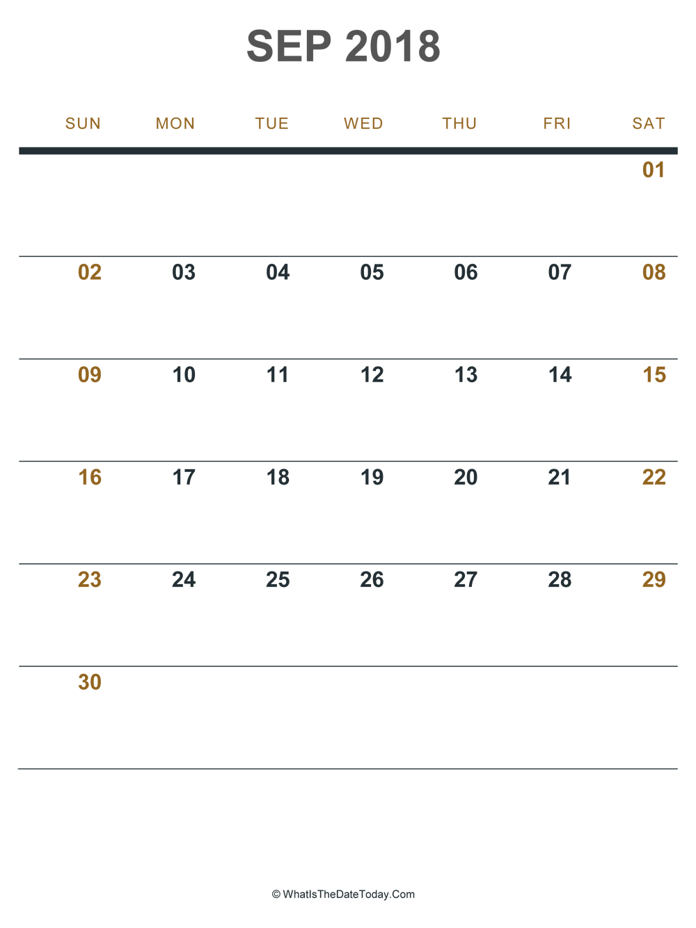 september 2018 printable calendar (portrait layout)