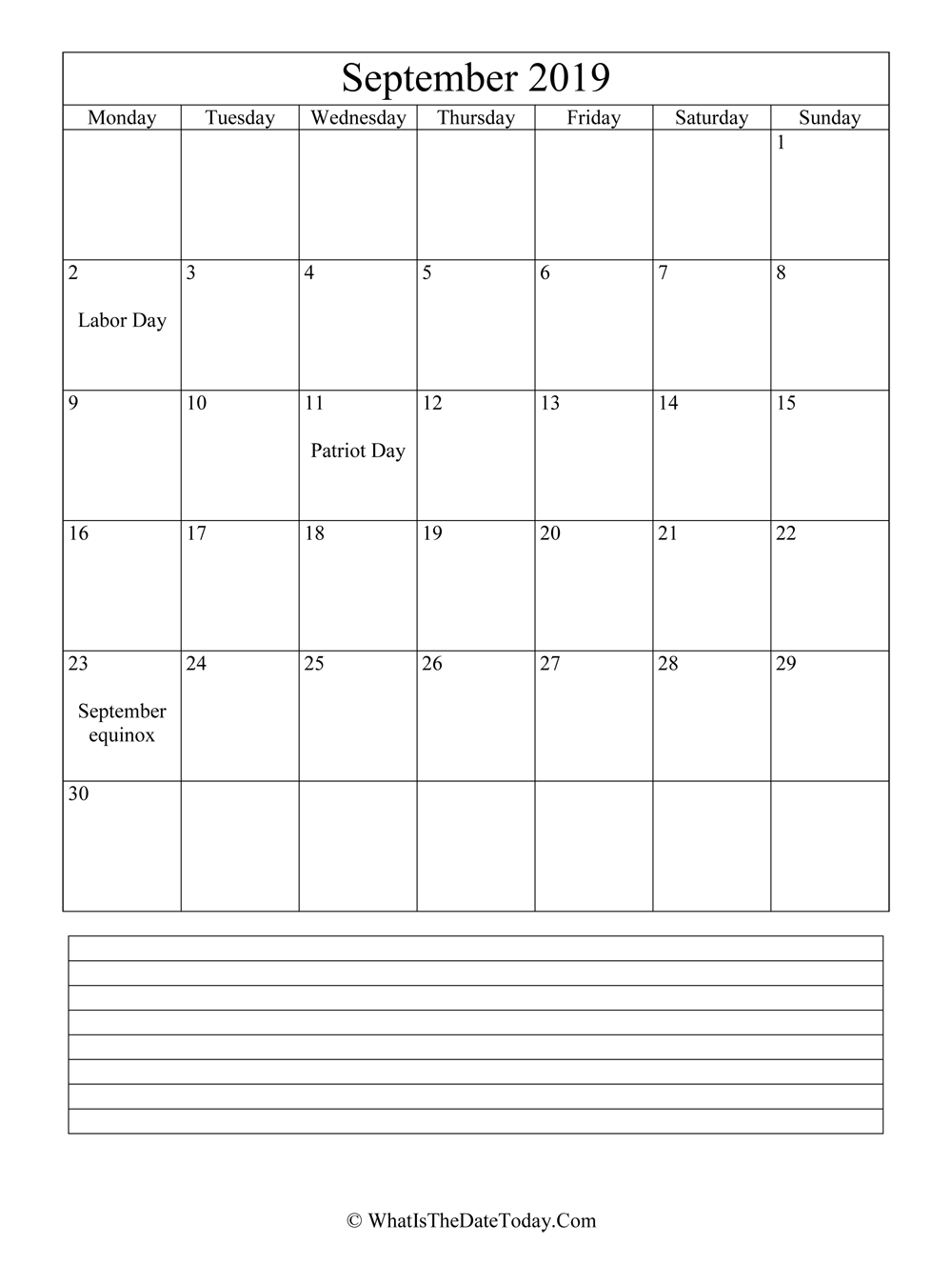 september 2019 calendar editable with notes in vertical layout