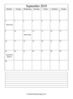 september 2019 calendar editable with notes